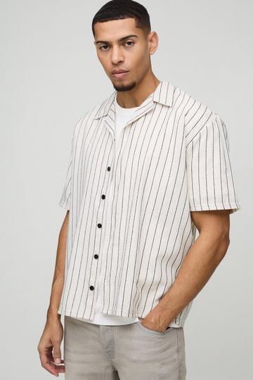 Oversized Linen Look Black Embroidery Striped Revere Shirt stone