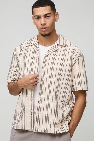 Oversized Linen Look Brown Embroidery Striped Revere Shirt stone