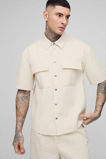 Stone Beige Tall Technical Pleated Oversized Short Sleeve Shirt