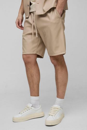 Stone Beige Tall Pleated PU Basketball Shorts