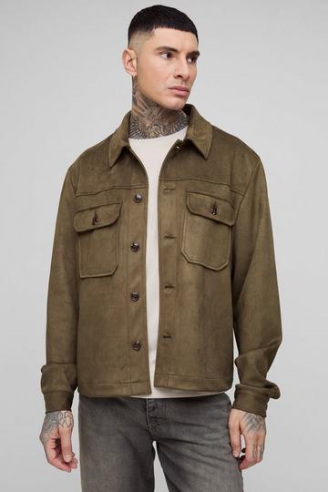 Tall Bonded Faux Suede Cargo Oversized Overshirt khaki