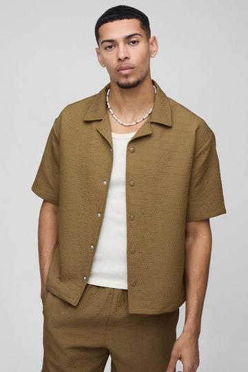 Khaki Oversized Boxy Abstract Padded Revere Shirt