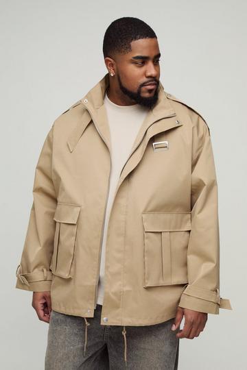 Stone Beige Plus Oversized Boxy Cargo Trench Coat