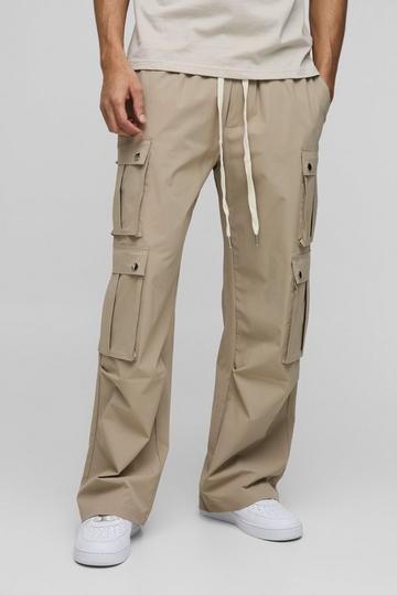 Stone Beige Wide Leg Ripstop Multi Pocket Cargo Trousers