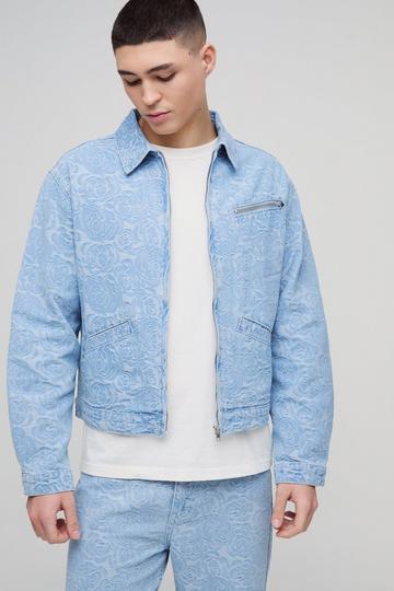 Relaxed Boxy Denim Floral Jacquard Jacket light blue