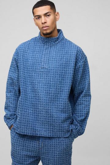 Oversized Textured Funnel Neck Denim Shirt blue