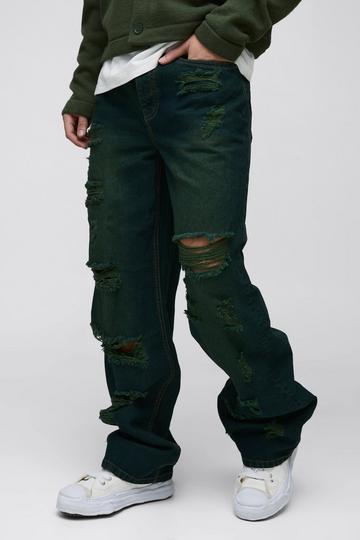 Relaxed Stacked Rigid Extreme Ripped Washed Denim Jeans green