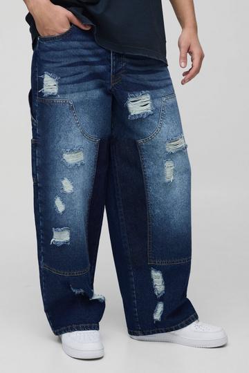 Relaxed Rigid Ripped Dirty Wash Carpenter Denim Jeans mid blue