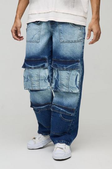 Relaxed Rigid Multi Pocket Cargo Denim Jeans light blue