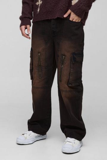 Brown Relaxed Rigid Acid Wash Cargo Carpenter Denim Jeans