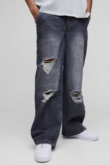 Baggy Rigid Boxer Waistband Ripped Crinkle Washed Denim Jeans light grey