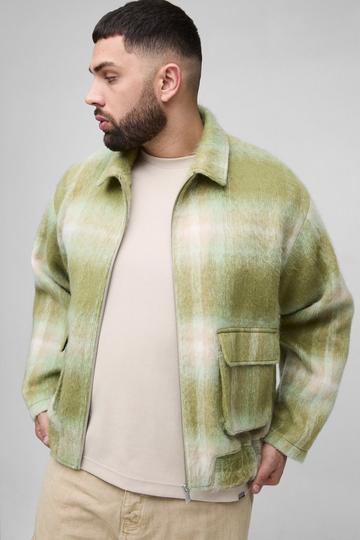 Plus Brushed Check Cargo Pocket Overshirt green