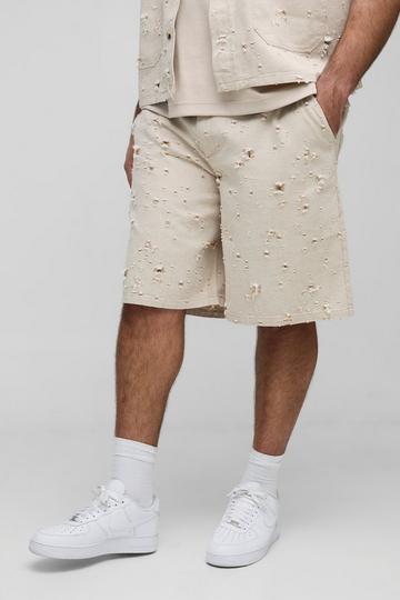 Stone Beige Plus Nibbled Denim Relaxed Fit Shorts