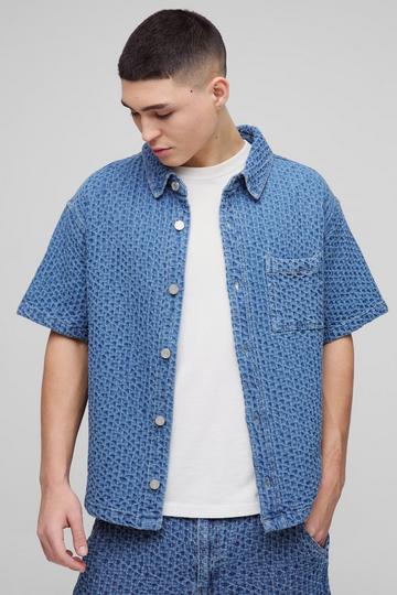 Boxy Fit Revere Textured Denim Shirt mid blue