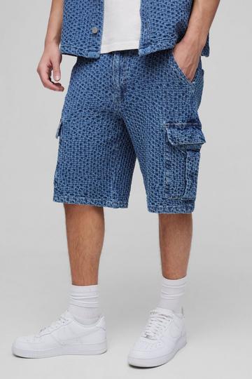 Relaxed Textured Denim Cargo Shorts mid blue