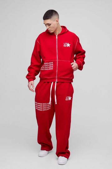 Red Oversized Boxy Contrast Stitch Printed Zip Through Hooded Tracksuit