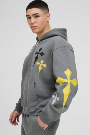 Oversized Boxy Cross Embroidered Printed Zip Through Hoodie charcoal