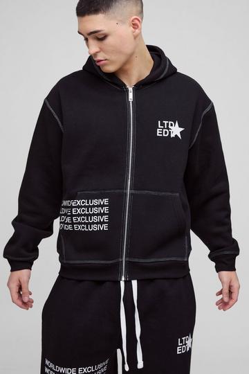 Black Oversized Boxy Contrast Stitch Printed Zip Through Hoodie