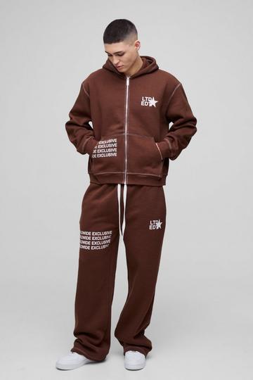 Chocolate Brown Oversized Boxy Contrast Stitch Printed Zip Through Hooded Tracksuit