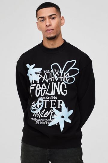 Oversized Flower Doodle Graphic Sweatshirt black