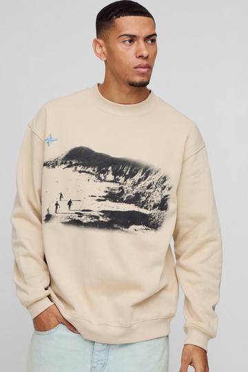 Sand Beige Oversized Mountain Trek Graphic Sweatshirt