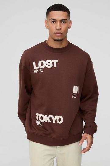 Chocolate Brown Oversized Lost In Tokyo Graphic Sweatshirt