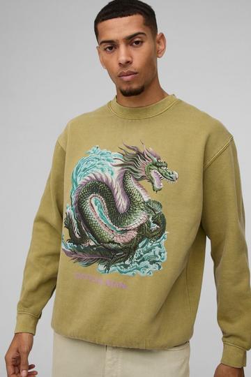 Oversized Washed Official Dragon Graphic Sweatshirt khaki