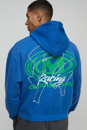 Blue Oversized Boxy Man Racing Graphic Washed Hoodie