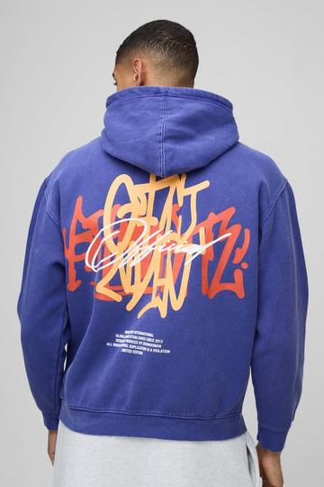 Blue Oversized Washed Branded Graffiti Graphic Hoodie