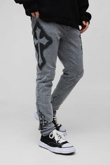 Skinny Stacked Cross Spray Printed Jeans light grey