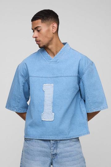 Oversized Boxy Denim V Neck Applique Football Top light blue