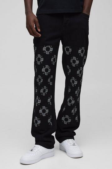 Straight Leg Floral Embroidered Carpenter Jeans black