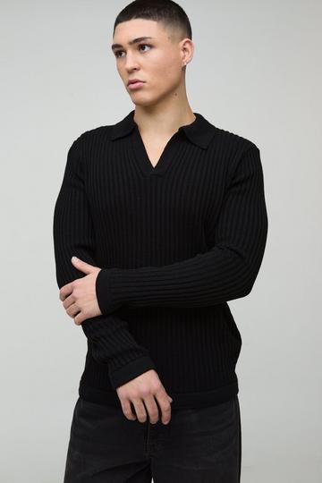 Regular Fit Ribbed V Neck Collar Knitted Polo black