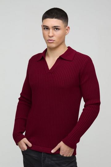 Regular Fit Ribbed V Neck Collar Knitted Polo burgundy