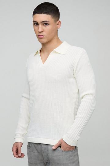 Regular Fit Ribbed V Neck Collar Knitted Polo ecru