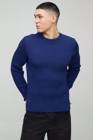 Regular Fit Crew Neck Ribbed Panelled Knitted Jumper slate blue