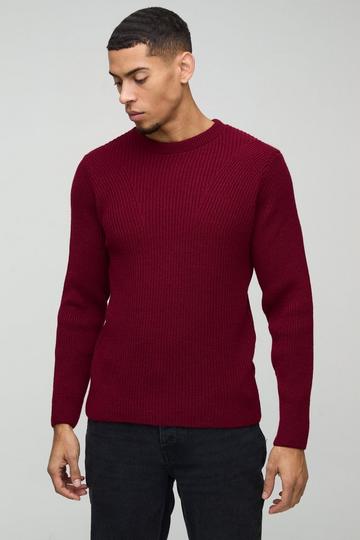 Regular Fit Crew Neck Ribbed Panelled Knitted Jumper burgundy