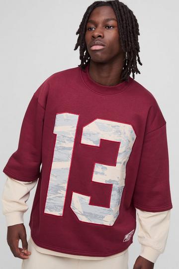 Oversized Half Sleeve Faux Layer 13 Applique Sweatshirt burgundy