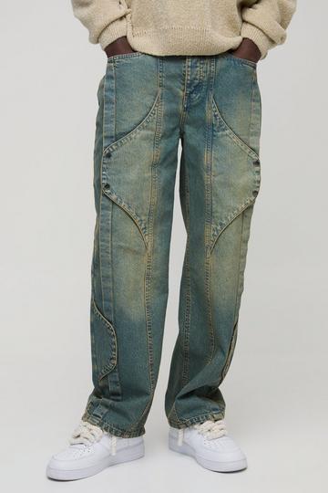 Relaxed Rigid Panelled Tinted Denim Jeans green