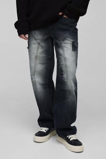 Relaxed Rigid Distressed Panelled Crinkle Wash Denim Jeans washed black