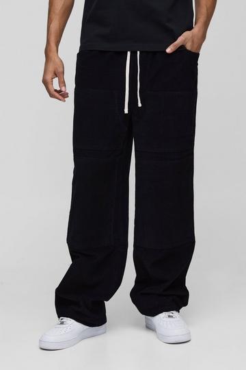 Black Elasticated Waist Relaxed Carpenter Waffle Corduroy Trousers