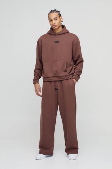 Chocolate Brown Oversized Boxy Wide Leg Hooded Tracksuit With Rubber Badge