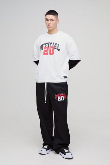 Oversized Boxy Varsity T-Shirt Met Neplaag, Wide Leg Joggingbroek Set black