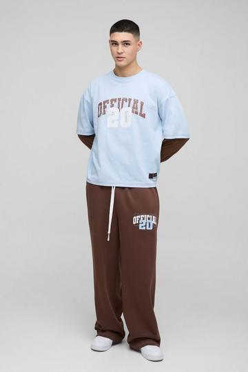 Brown Oversized Boxy Faux Layer Varsity Print T-Shirt Wide Leg Jogger Set