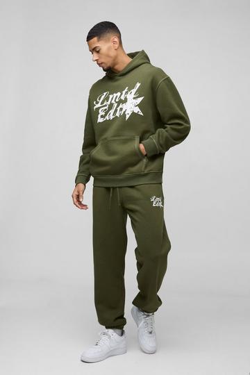 Oversized Contrast Stitch Limited Edition Printed Hooded Tracksuit khaki