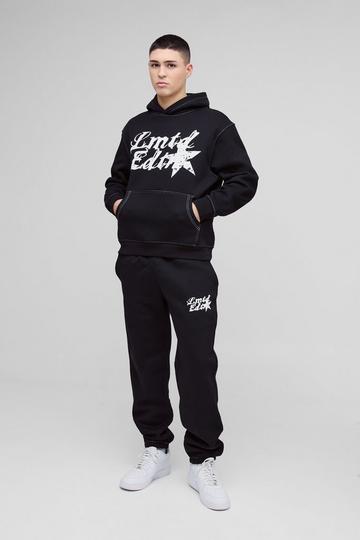 Oversized Contrast Stitch Limited Edition Printed Hooded Tracksuit black