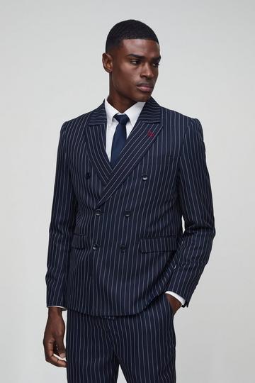 Relaxed Fit Pinstripe Double Breasted Blazer navy