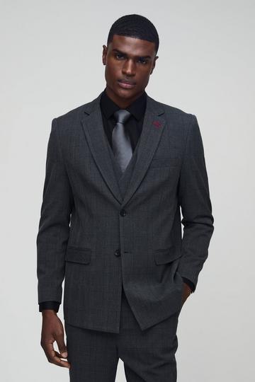 Straight Fit Tonal Check Single Breasted Suit Blazer charcoal