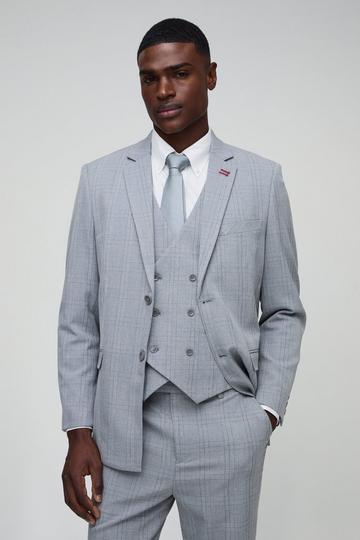 Straight Fit Tonal Check Single Breasted Suit Blazer light grey