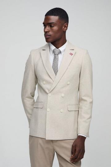 Stone Beige Slim Fit Double Breasted Textured Blazer